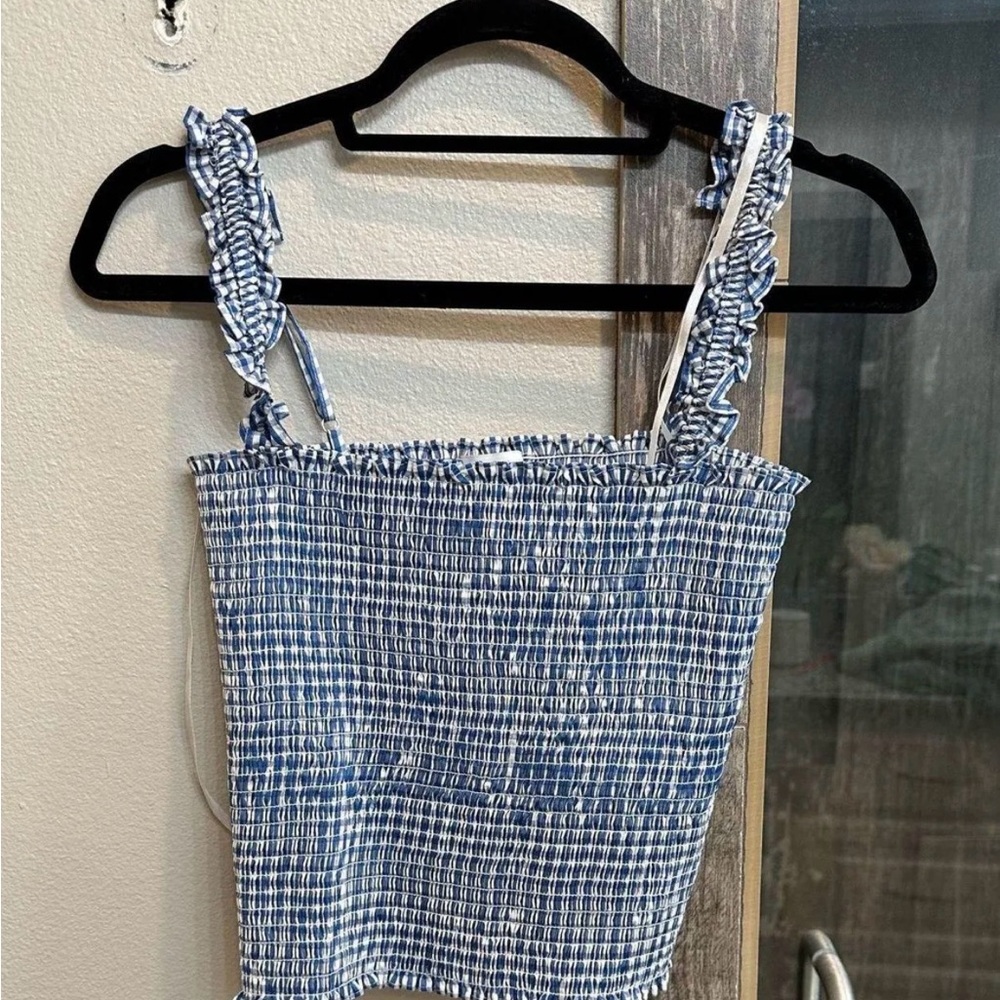 Gianni Bini Blue and White Smocked Crop Tank Top
